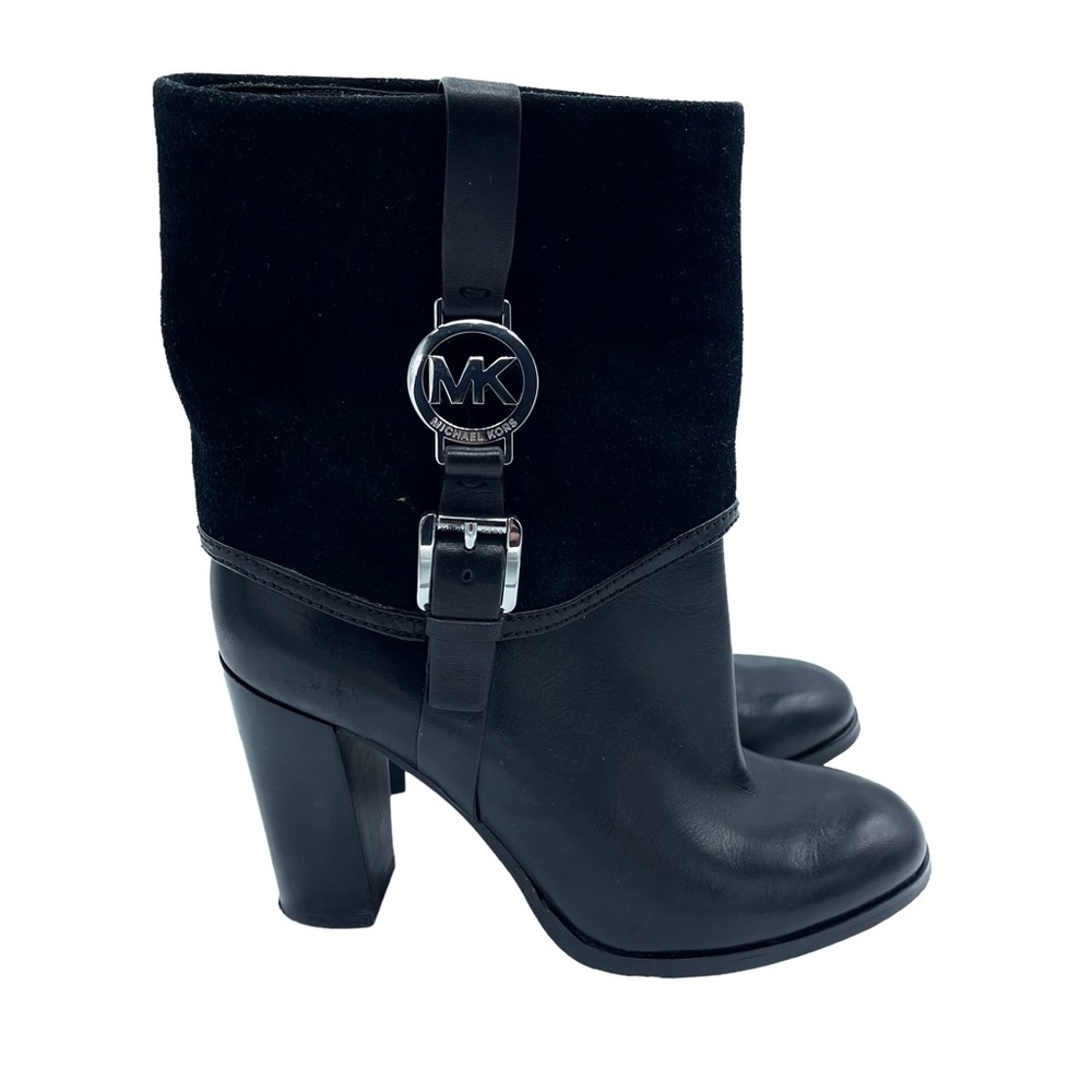 Michael Kors Black Leather Suede Overlay Chunky Heeled Boots